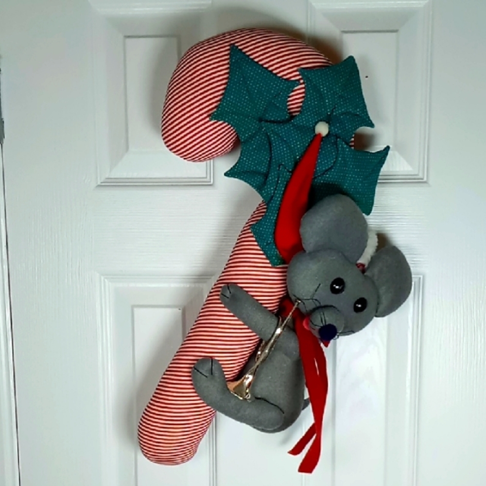 Hand Crafted Christmas Mouse On Candy Cane Door/Wall Decor